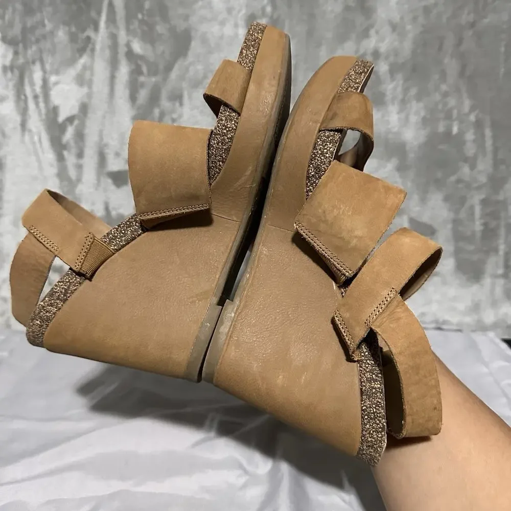 Franco Sarto Fiona Strappy Leather Wedge Sandals Womens Size 8.5M Brown Cork EUC